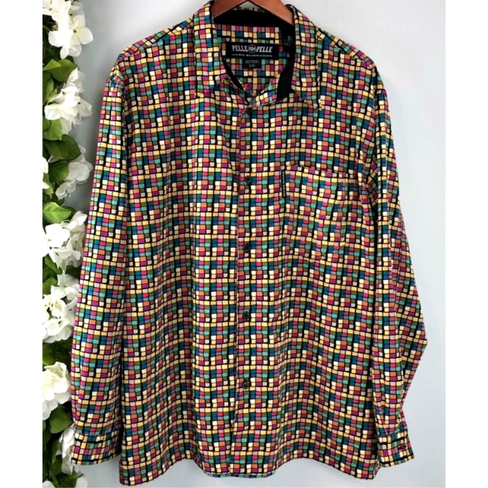 Vintage Pelle Pelle Marc Buchanan Button Up Shirt Mens XL Multi Color Mosaic Y2K